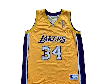 Vintage Champion Jersey Los Angeles Lakers Size XL NBA Shaquille O'Neal 34  jersey NBA 90s Basketball Retro good condition Yellow Purple