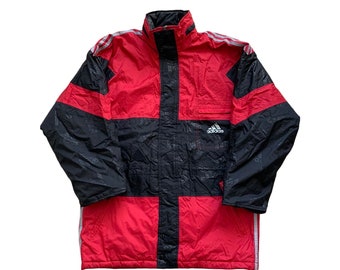 Vintage 90’s Adidas 3-Striped Long Coat Jacket Trefoil Small Logo Red Black Football soccer Parka good condition