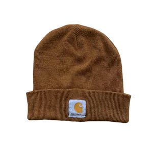 Vintage Carhartt made in USA Beanie Logo Hat 1990s 90s gorp gorpcore Snow Winter Brown Script