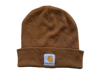 Vintage Carhartt made in USA Beanie Logo Hat 1990s 90s gorp gorpcore Snow Winter Brown Script