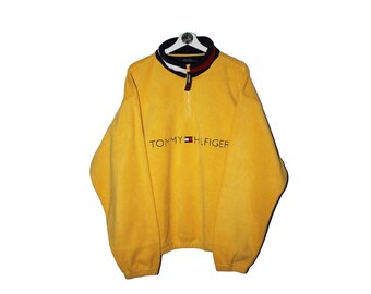 Vintage Tommy Hilfiger Yellow Spell out fleece sweatshirt collar flag 90s retro hiking outdoors