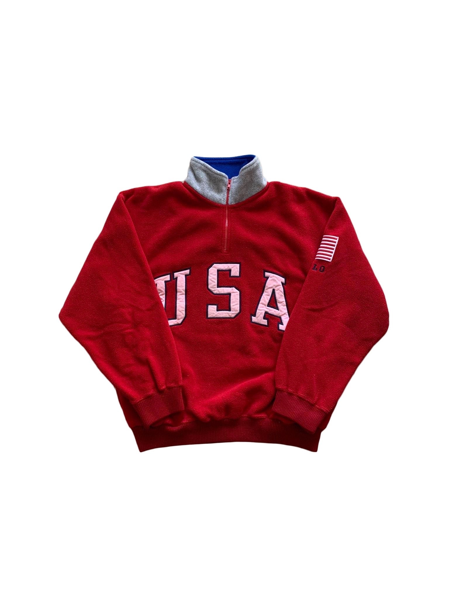 Vintage 90s Polo Sport USA Fleece Quarter Zip Jacket Medium Red