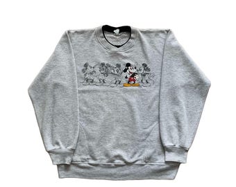 Vintage 90s Disney Big Print Mickey Mouse Crewneck Sweatshirt Retro Grey Pullover Double Collar Front Pocket Sweater Gray
