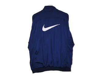 Vintage Nike Big Swoosh stampa ricamo giacca a vento anni &#39; 90 Retro Navy