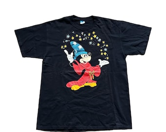 Koszulka Vintage Mickey Mouse Fantasia z lat 90. Disney Graphic Tee Black Wizard Mickey Sorcerer Shirt Size XL Black Glitter
