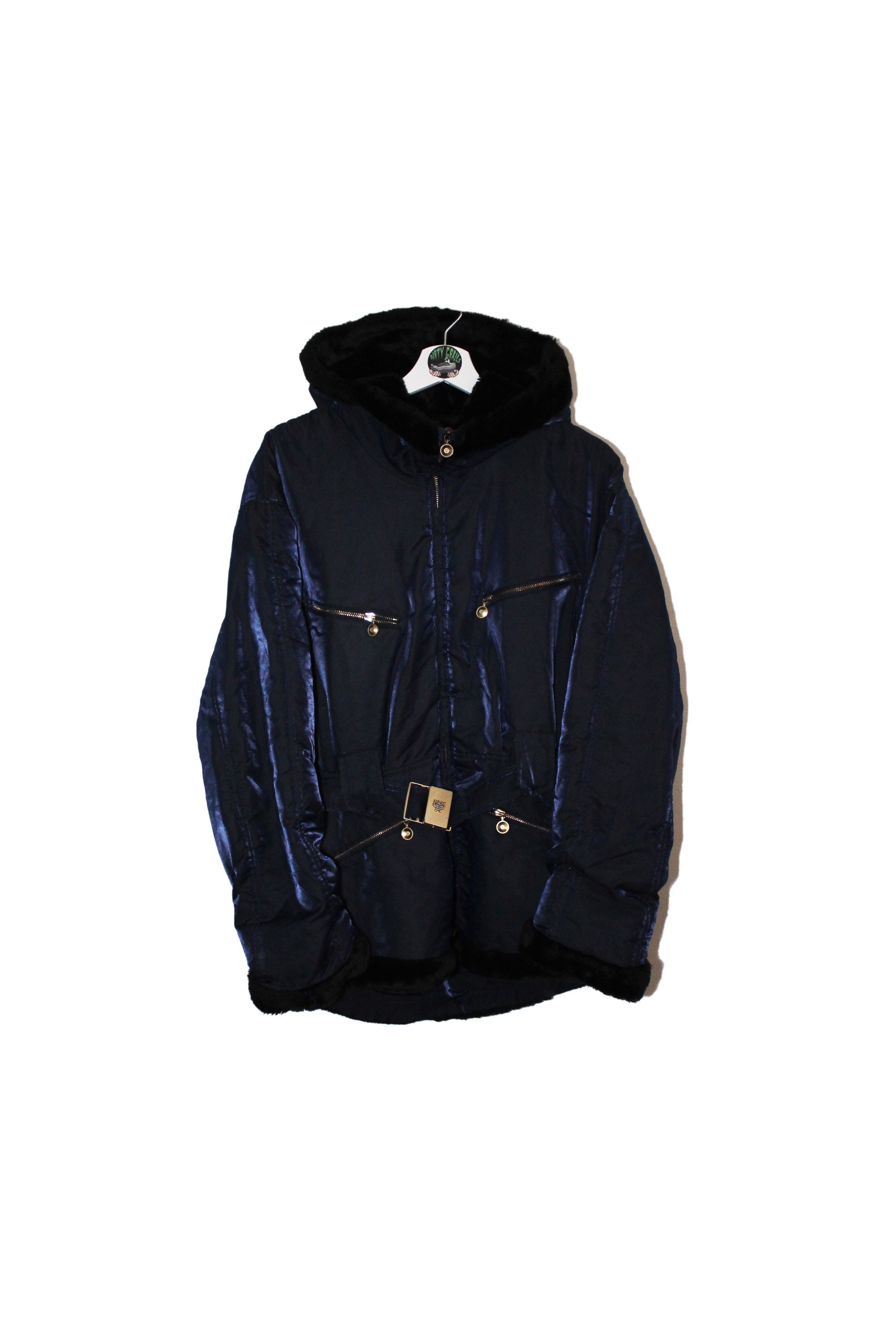 Vintage MCM High End designer Winter Hooded jacket With Fur Hood Gold Belt Buckle Blue Purple size 36