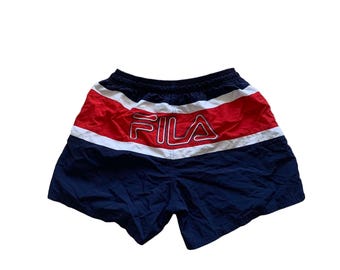 Vintage Fila Big Logo Spellout swimming Trunks Shorts Retro 90s Blue White Red Stripe Stripped