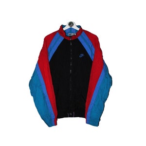 Jaren &#39;90 Vintage Nike White Tag Windbreaker Track Jacket retro Zwart Blauw Rood goede staat