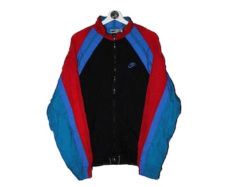 Giacca da pista vintage Nike White Tag Windbreaker anni &#39;90 retrò nero blu rosso buone condizioni