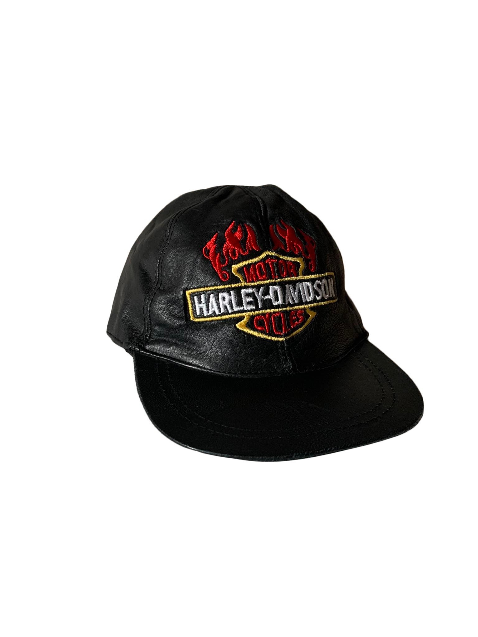Vintage Harley Davidson Flames Flaming Logo Leather Hat Cap