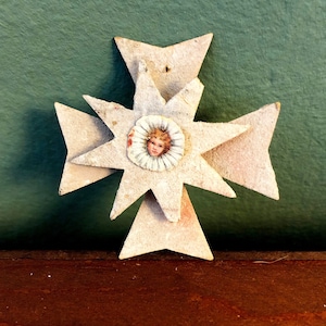 ANTIGUO árbol de Navidad decoración adorno de cartón ángel alrededor de 1930. Superficie con rocío veneciano, decoración navideña coleccionable regalo de Navidad