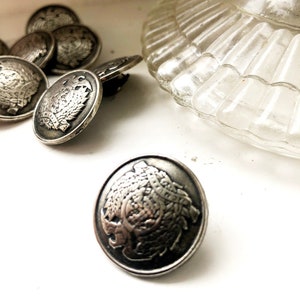 Può includere: Un set di bottoni color argento con un designo intricato che presenta una corona e fogliame. I bottoni sono rotondi e hanno un design in rilievo.