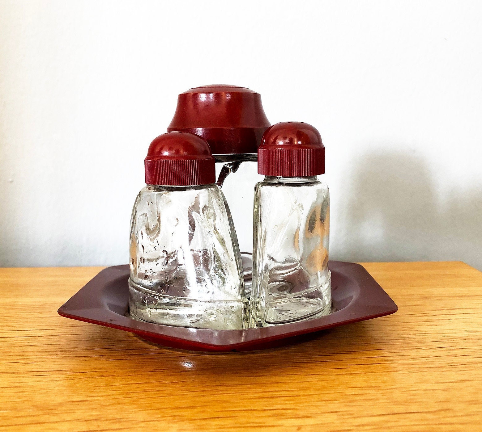Gewürzménage, Salz & Pfeffer Streuer und Senfglas Menage 1930s, Poncet Glashüttenwerke, neuwertig, Industriedesign, Bauhaus, Artdeko