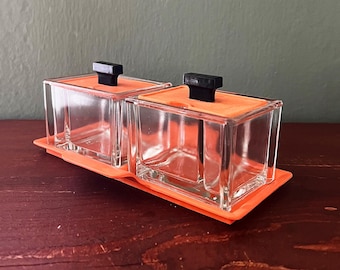 ART DECO Marmeladenglas zwei Menagen mit Tablett, Glasgeschirr von Poncet Glashüttenwerke Berlin, Vintage, Industriedesign, Frühstückstisch