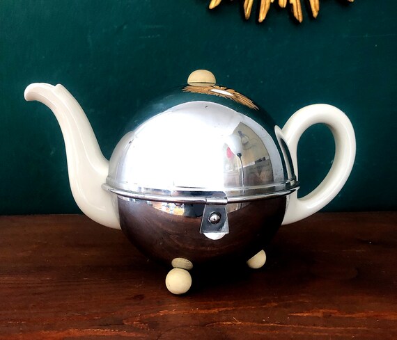 Art Deco Ball Thermal Teapot, Bauscher D.R.P. With Chrome Thermal Cover,  1930s, Pre-war Version Metal, Bauhaus, Felt Insulation, Vintage 