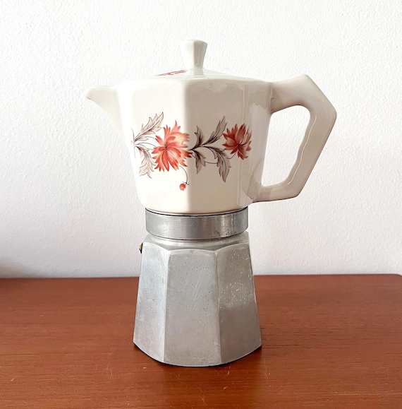 Italienische Espressomaschine mit Porzellankanne Flory Express, Blumendekor Rarität, Vintage Kaffee- Küchenmaschine, 70er Jahre sammelwürdig