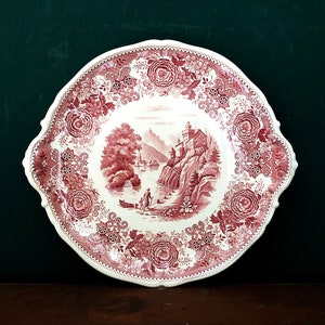 VINTAGE cake plate with handles, Villeroy and Boch decor Burgenland red, stamp SAAR very rare, 1950/60s, classic old series