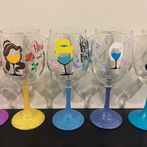 Princesses Snow White, Anna, Elsa, Pocahontas, Tinker-bell,  Megara, Aurora, Belle, Moana, Tiana, Ariel , Rapunzel Wine Glasses