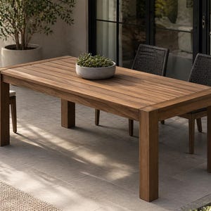 Könnte beinhalten: Ein rechteckiger Esstisch aus Holz für den Außenbereich mit einer Lamellenplatte und vier stabilen Beinen. Der Tisch ist von Stühlen mit gewebter Rückenlehne und einer kleinen Topfpflanze umgeben. Der Tisch ist ca. 183 cm lang.