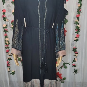 Rhinestone Black Abaya: Dubai Modest Fashion Kimono with Headscarf & Belt