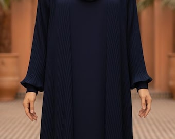 Pleated Kimono Abaya Set with Hijab, Belt | Dubai Modest Eid Dress, Nida Fabric