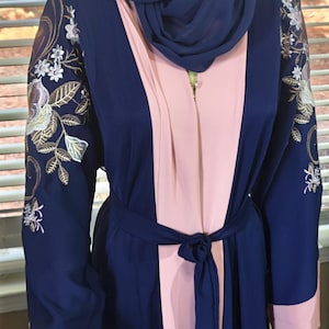 Embroidered Abaya Kimono: Navy Blue Modest Fashion Dress, Headscarf & Belt
