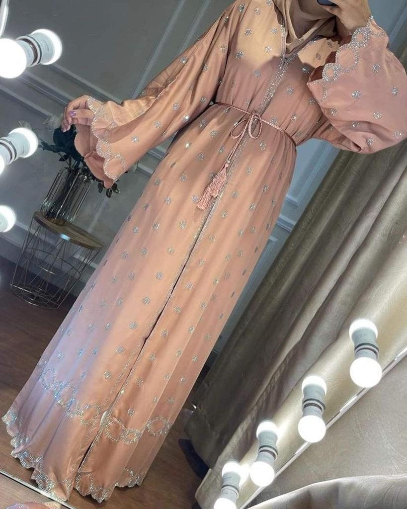women kimono dress abaya pink 2 Piece Abaya Women Open Cardigan Long Maxi Dress Kaftan Kimono Sets Turkey Arab