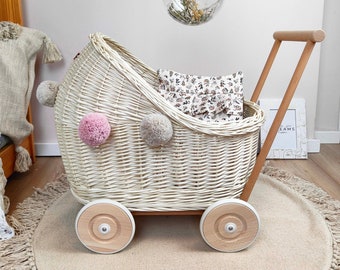 CandyOwl wicker & beech wood doll's pram in ECRU (creamy, ivory) color + bedding and pompoms (variants). Eco-friendly baby walker. unpainted