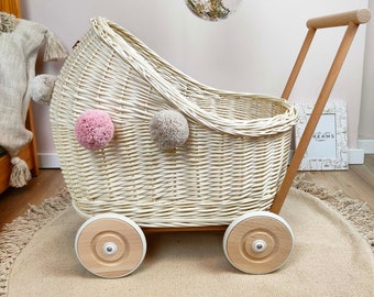 CandyOwl wicker & beech wood doll's pram in ECRU (ecru, ivory) color + pompoms (variants). Eco-friendly baby walker.