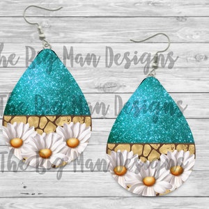 Daisy and Faux Glitter Earrings |Teardrop Earrings / Teardrop Dangle Earrings / Jewelry
