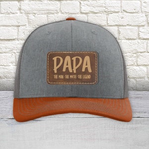 Papa Hat | Leather Patch Trucker Hat | Father&#39;s Day Hat |The Man The Myth The Legend| Father in Law Gifts, FIL Gifts, Gifts for him,