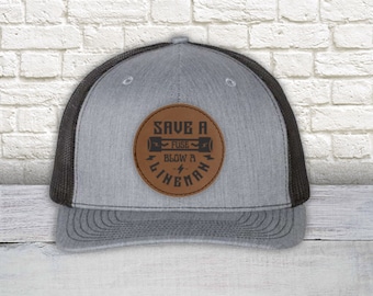 Lineman Save a Fuse Blow a Lineman Round Leather Patch Hat | Richardson 112 Snapback Trucker Hat | Lineman's Hat | Patch Hat