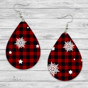 Buffalo Plaid Red and Black with Snowflakes Teardrop Earrings / Teardrop Dangle Earrings / Jewelry