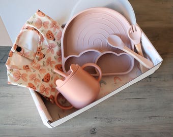 Baby Gender Neutral Gift Box Set Long Sleeve bib, Silicone Suction Plate Weaning, Cutlery, Baby Shower Gift, Boho Baby, Nursery Decor