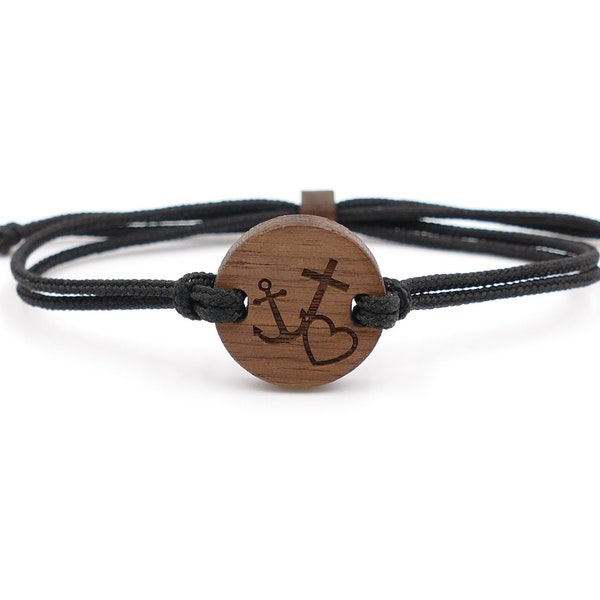 Eco Armband ''Glaube Hoffnung Liebe'' Walnussholz | Kreuz Anker Herz | personalisierbar | Wunschgravur | nachhaltig und vegan