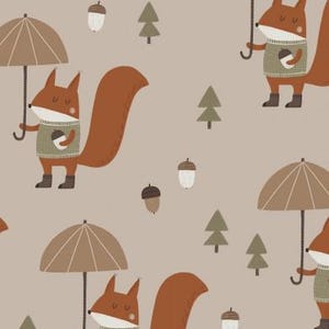 May include: A repeating pattern on a light beige background featuring orange squirrels wearing green sweaters and dark boots. Each squirrel holds a brown umbrella and an acorn. Small green pine trees and white acorns are scattered throughout.