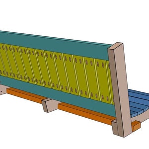 May include: A wooden bench with a blue seat and back, featuring a yellow slat design. The frame is a light brown color, with orange support beams. The bench is designed with a modern aesthetic.