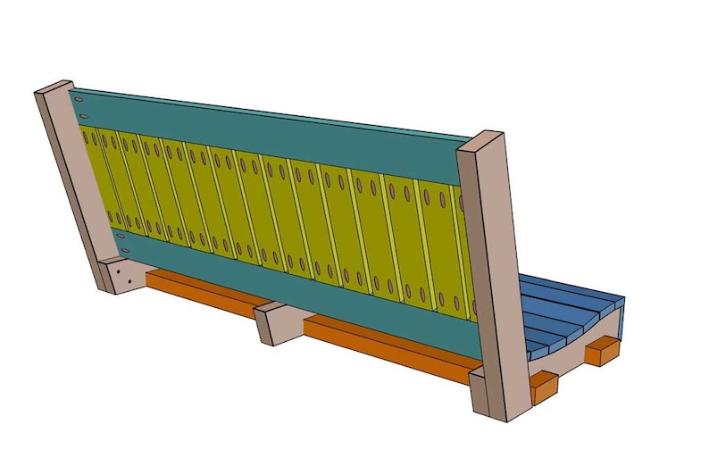 May include: A wooden bench with a blue seat and back, featuring a yellow slat design. The frame is a light brown color, with orange support beams. The bench is designed with a modern aesthetic.