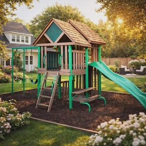 Plany placu zabaw na podwórku (tylko do pobrania w formacie PDF) | Plac zabaw dla dzieci ze zjeżdżalnią i huśtawkami | Plany drewnianych domków | Plac zabaw na świeżym powietrzu