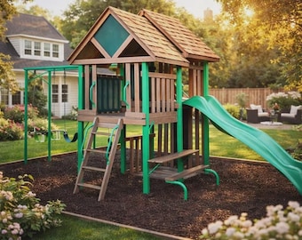 Planos para construir un parque infantil en el jardín (solo descarga en PDF) / Parque infantil con tobogán y columpios / Planos para una casita de juegos de madera / Parque infantil al aire libre