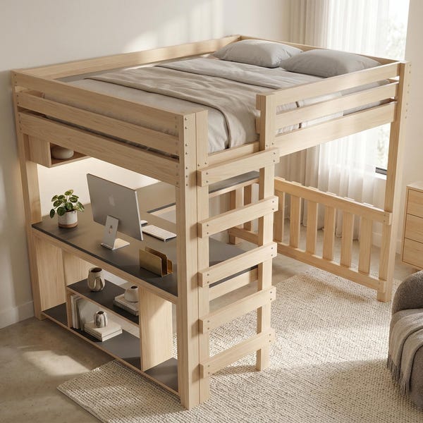 Progetto fai da te per letto a soppalco matrimoniale con scrivania (solo download del file PDF) / Struttura letto moderna salvaspazio / Progetti di falegnameria / Letto a soppalco con scrivania