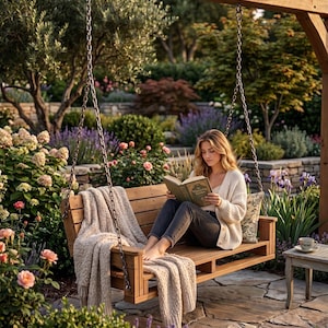 Puede incluir: Un banco columpio de madera cuelga de cadenas bajo una p&eacute;rgola de madera. Una manta de punto beige y un coj&iacute;n decorativo descansan en el banco. El columpio est&aacute; en un jard&iacute;n con flores y vegetaci&oacute;n.