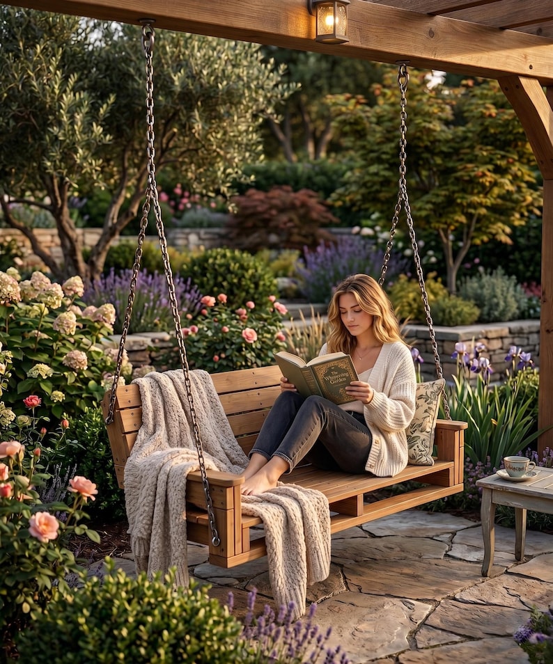 Puede incluir: Un banco columpio de madera cuelga de cadenas bajo una p&eacute;rgola de madera. Una manta de punto beige y un coj&iacute;n decorativo descansan en el banco. El columpio est&aacute; en un jard&iacute;n con flores y vegetaci&oacute;n.