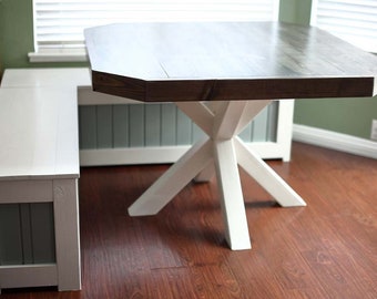 Table à manger bricolage avec plans de pieds croisés [Table de cuisine, table à 4 pieds x 4 pieds, pieds en X, table de petit-déjeuner, table en bois, pieds entrelacés, ferme]