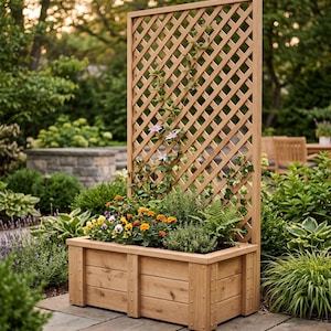 Könnte beinhalten: Ein hölzerner Pflanzkasten mit Spalier, gefüllt mit bunten Blumen und Grün. Das Spalier hat ein Rautenmuster. Der Pflanzkasten ist aus hellem Holz gefertigt und steht auf einer Steinterrasse. Der Hintergrund zeigt üppiges grünes Laub.