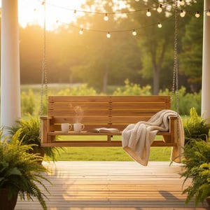 Puede incluir: Un columpio de porche de madera con una manta de color claro y dos tazas blancas se encuentra en una terraza de madera. La escena est&aacute; ba&ntilde;ada por la c&aacute;lida luz del sol, con luces de cadena arriba y helechos en macetas a ambos lados. Un libro est&aacute; abierto en el estante del columpio.
