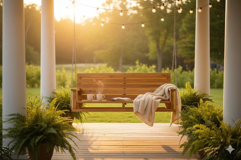 Puede incluir: Un columpio de porche de madera con una manta de color claro y dos tazas blancas se encuentra en una terraza de madera. La escena est&aacute; ba&ntilde;ada por la c&aacute;lida luz del sol, con luces de cadena arriba y helechos en macetas a ambos lados. Un libro est&aacute; abierto en el estante del columpio.