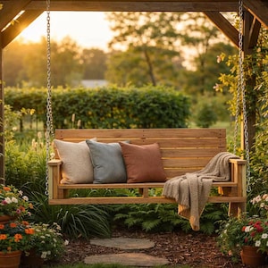 Puede incluir: Un columpio de madera con tres cojines y una manta cuelga de una p&eacute;rgola de madera. La escena est&aacute; ambientada en un jard&iacute;n con flores en macetas y exuberante vegetaci&oacute;n, ba&ntilde;ado por la luz del sol.