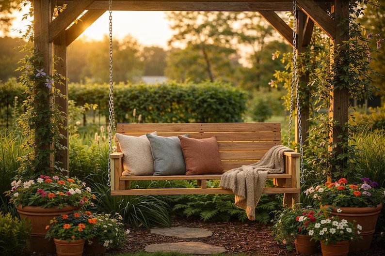 Puede incluir: Un columpio de madera con tres cojines y una manta cuelga de una p&eacute;rgola de madera. La escena est&aacute; ambientada en un jard&iacute;n con flores en macetas y exuberante vegetaci&oacute;n, ba&ntilde;ado por la luz del sol.