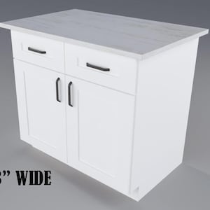 May include: White kitchen cabinet with two drawers and two doors. The cabinet has black handles and a white worktop. The cabinet is 84 cm wide.